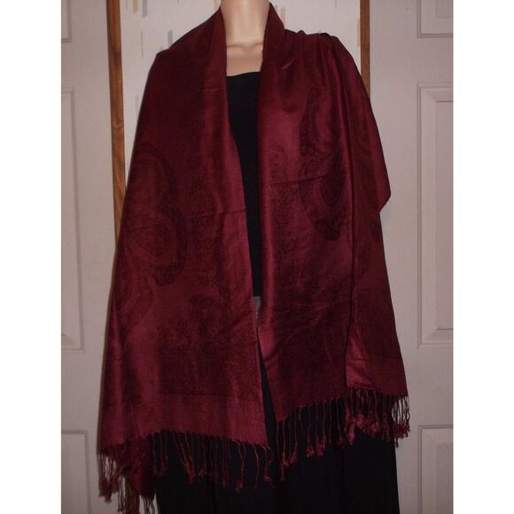 Fringed Shawl Scarf Stole Elegant Burgundy Wine Jacquard Viscose Acrylic Blend - Picture 3 of 4